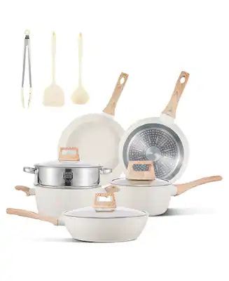 Sugift - 12-Piece Nonstick Ceramic Cookware Set, Granite Pots and Pans Set with Silicone Shovel, Spoon &Tongs