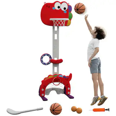 Qaba - Kids Basketball Hoop, Toddler Sports Activity Center, Adjustable Height, Soccer, Golf, Ring Toss & Throw Ball, 3-6 Years