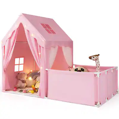 Gymax - Kids Play Tent w/Playpen Yard Door Curtains Windows Star Lights for Boys Girls