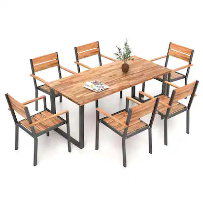 Costway - 7 PCS Acacia Wood Patio Dining Set 6 Armchairs and 69" Table with 2" Umbrella Hole
