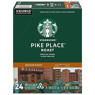 KEURIG GENUINE K-CUP PODS  
COMMITTED TO 100% ETHICAL COFFEE SOURCING  

STARBUCKS PIKE PLACE ROAST  
NOTES OF COCOA & RICH PRALINE  
MEDIUM ROAST  

STARBUCKS RECYCLABLE  
24 K-CUP PODS  
GROUND 100% ARABICA COFFEE  

24 - 0.44 OZ (12.5g)  
NET WT 10.5 OZ (300 g)