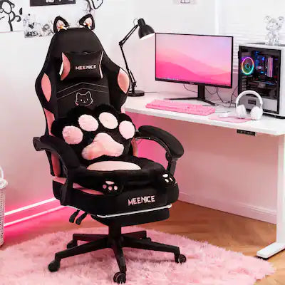 Dowinx - Gaming Chair Cute with Fluffy Seat Cushion & Lumbar Pillow, Game Chair with Cat Ear Decos for Girls
