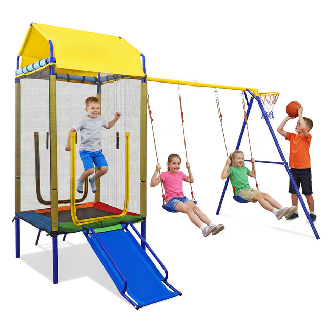 Front. Gymax - Gymax 5-in-1 Kids Swing Set w/Trampoline Roof 2 Belt Swings Slide Ladder for Children - Yellow.