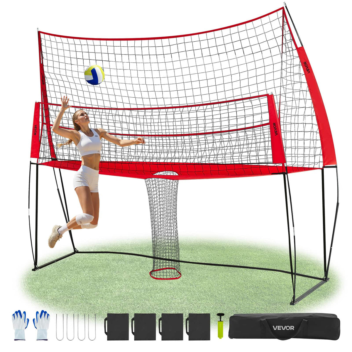 VEVOR - 2-in-1 Volleyball Training Net System, Freely Height-Adjustable Practice Equipment with Ball Return,Portable Net Station - Black and red