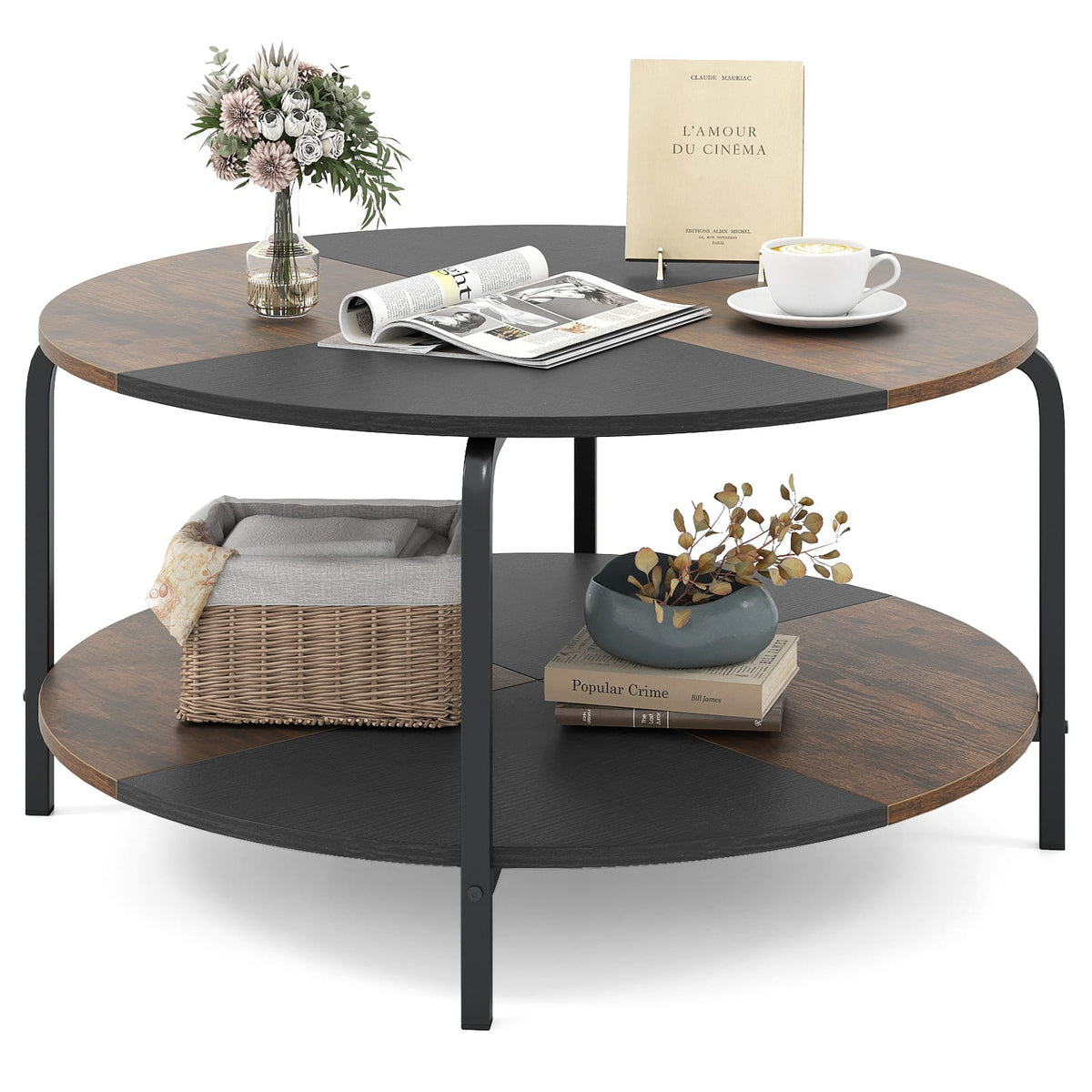 Gymax - 2-Tier Round Coffee Table w/Storage Shelf Metal Frame for Living Room Apartment Rustic - Brown