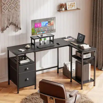 Furnulem - 50 Inch L Shaped Desk with Power Outlet Reversible Computer Desk with File Drawer and 2 Monitor Stands