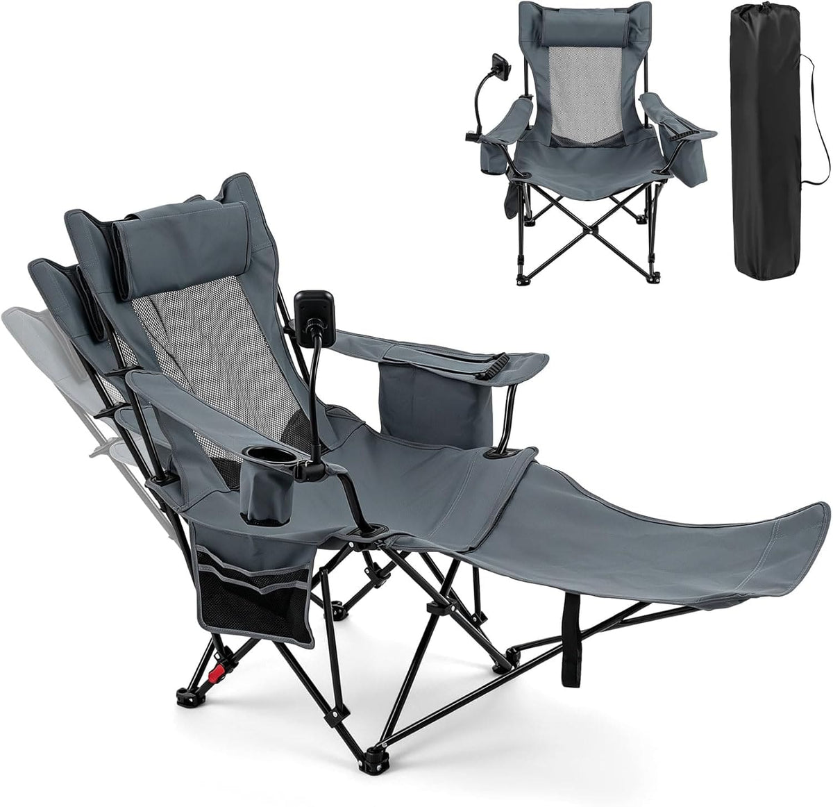 Gymax - 2-in-1 Reclining Camping Chair w/Detachable Footrest 3-Level Adjustable Backrest Black - Gray