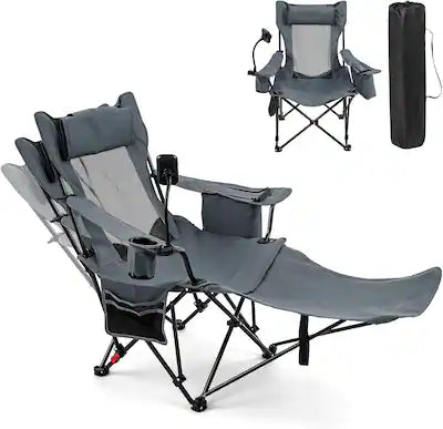 Gymax - 2-in-1 Reclining Camping Chair w/Detachable Footrest 3-Level Adjustable Backrest Black