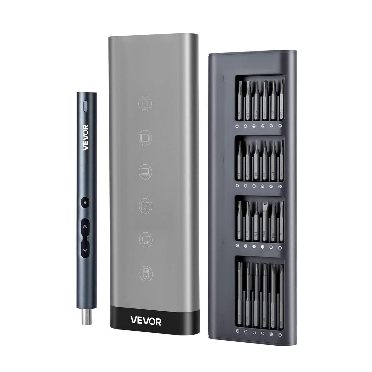 VEVOR - Electric Precision Screwdriver Set, 48 Magnetic Bits, Mini Electric Screwdriver with Magnetic Storage Box, S2 Steel Bits - Smoky gray
