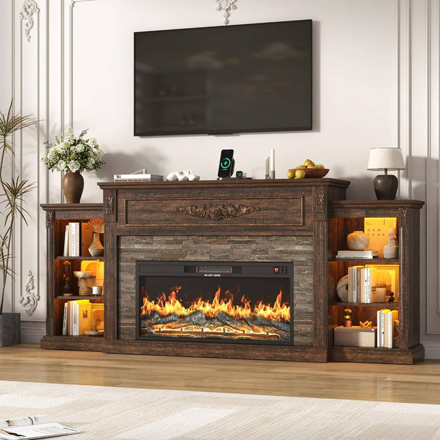 Front. Espafurni - 85" Electric Fireplace TV Stand, Farmhouse Style w/ Charging Station & LED - Brown.