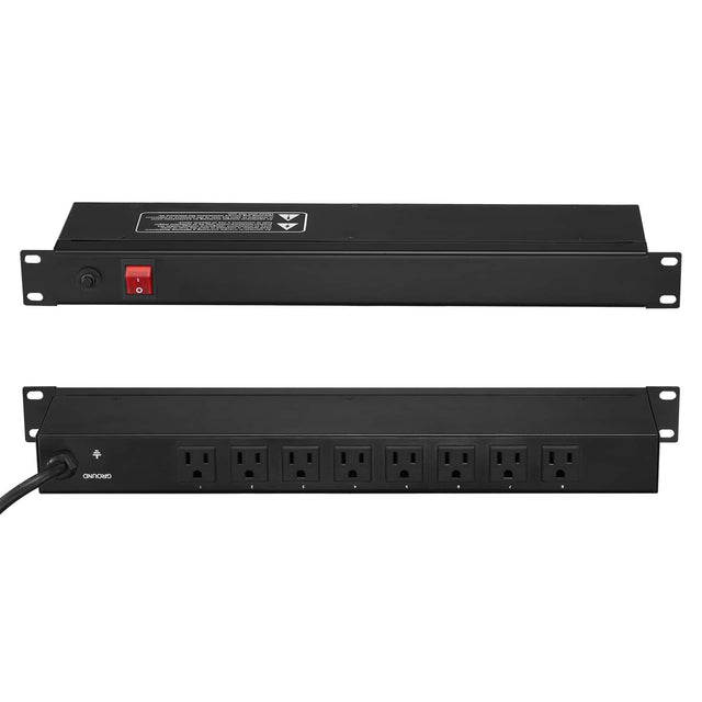Front. VEVOR - 1U PDU, 8 Outlets, Rack Mount Power Strip Fits Standard 19" Server Racks, with Integrated Switch Surge Protection - Black.