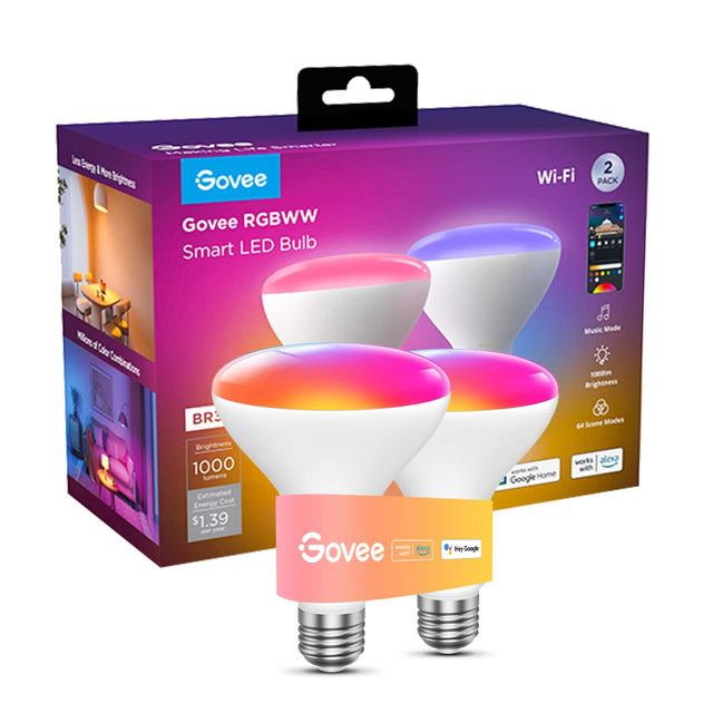 * Govee RGBWW Smart LED Bulb Wi-Fi 2 PACK Ve 10000m Brightness BR Brightness 1000 lumena Estimated Energy Cest $1.39 - Govee wins alexa with mT yGoogke -% wth Google Home Scene Mades 64 works alex with A