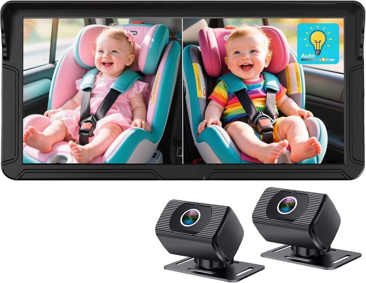 PRIMEPLUS - N20 Dual Baby Car Camera - 6.9" HD Split Screen with Auto Brightness, 1080P, Night Vision, 360° Swivel, USB Plug & Play