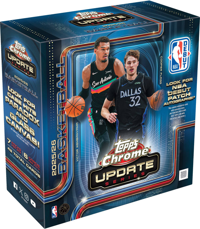 Topps Chrome Update 2025/26 Basketball

Look for NBA Debut Patch Autographs!

72 Total Cards

2025/26 Victor Wembanyama

Topps Chrome Update Series

Look for NBA Debut Patch Autographs!

May include expiration dates. No purchase necessary. Visit Topps.com for details and entry.

NBA

Topps