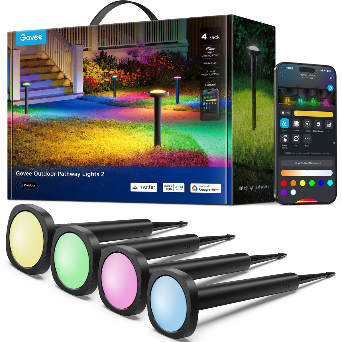 Govee - 4-Pack RGBWIC Outdoor Pathway Lights, 60+ Modes, IP66 Waterproof - Black