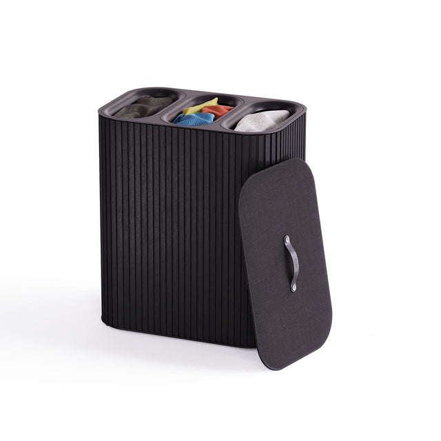 Front. Joseph Joseph - Tota Trio Luxe 90-liter Bamboo Laundry Separation Hamper - Black.