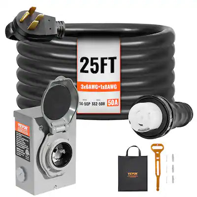 VEVOR - 50 Amp Generator Cord and Power Inlet Box Kit, 25FT, NEMA 14-50P/SS2-50R STW 6/3+8/1 AWG Generator Power Cord