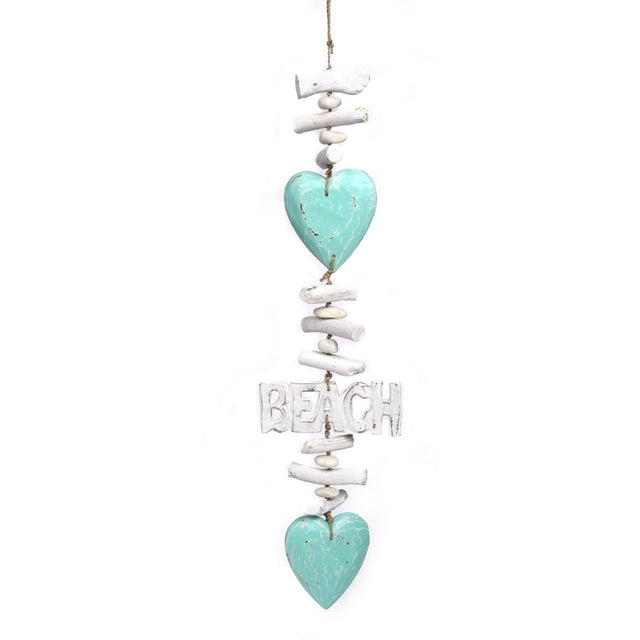 Front. Bamboo Source Tropical Decor - Aqua Hearts with the Word Beach on Seagrass Rope with Rocks and Driftwood Mobile Stand 37 inch - Multicolor.