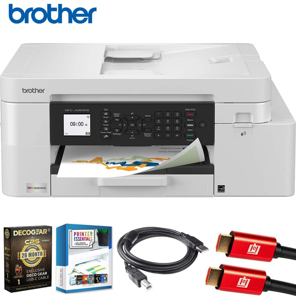 Brother - INKvestment MFC-J4355DW Wireless All-in-One Inkjet Printer + 26 Month Protection Warranty & Cable Bundle