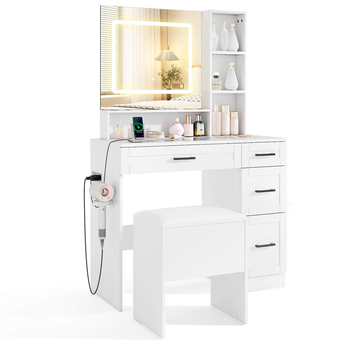 Costway - 35.5" Makeup Table Set Vanity Desk with Mirror and Lights 2 Open Shelves Glass Top - White