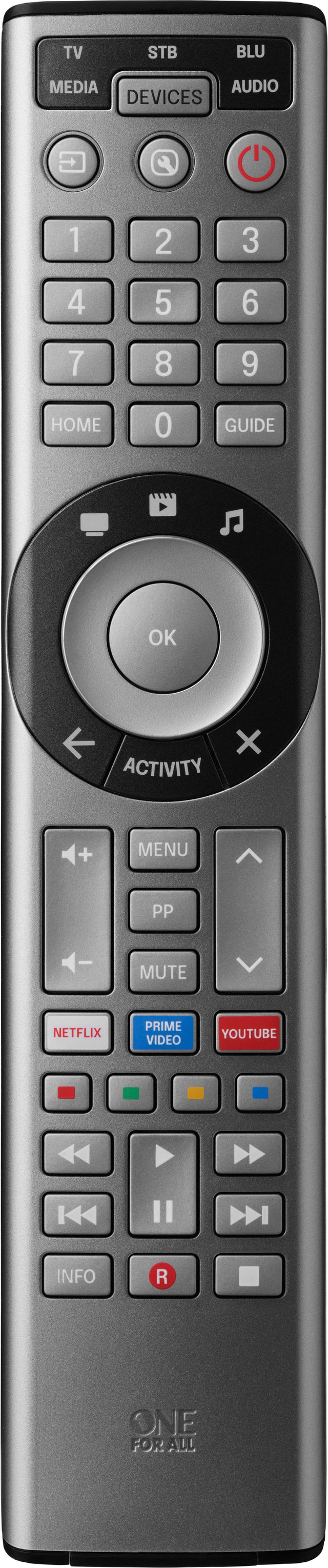 TV STB BLU MEDIA AUDIO DEVICES 1 2 3 4 5 6 7 8 9 HOME 0 GUIDE OK ACTIVITY X + MENU PP MUTE NETFLIX PRIME VIDEO YOUTUBE INFO R ONE FOR ALL