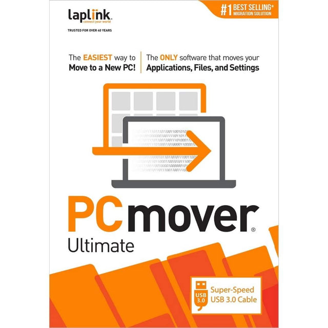 laplink connect your world  
TRUSTED FOR OVER 48 YEARS  
#1 BEST SELLING* MIGRATION SOLUTION  
The EASIEST way to Move to a New PC!  
The ONLY software that moves your Applications, Files, and Settings  
PC mover Ultimate  
Super-Speed USB 3.0 Cable