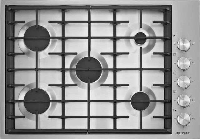 The image features a white stove top with black burners. The burners are arranged in a circular pattern, with four burners on the left side and four on the right side. The stove top is clean and ready for use.
