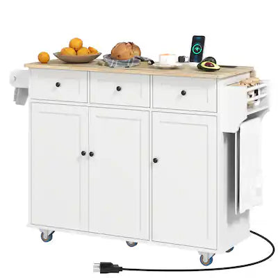 Homcom - Island on Wheels with Drop Leaf, Charging Station, Rolling Kitchen Cart with Wood Top