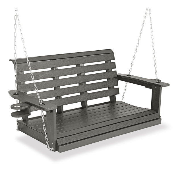 Front. Fortune Candy - 4ft Poly Lumber Outdoor Porch Swing, HIPS Weather Resistant Patio Swing Chair with Foldable Cup Holders (2-Seater) - Deep Gray.