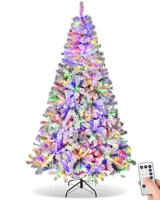Sugift - 6ft Prelit Flocked Christmas Tree - Artificial Xmas Trees with 250 Multicolor LED Lights & 1000 Branch Tips