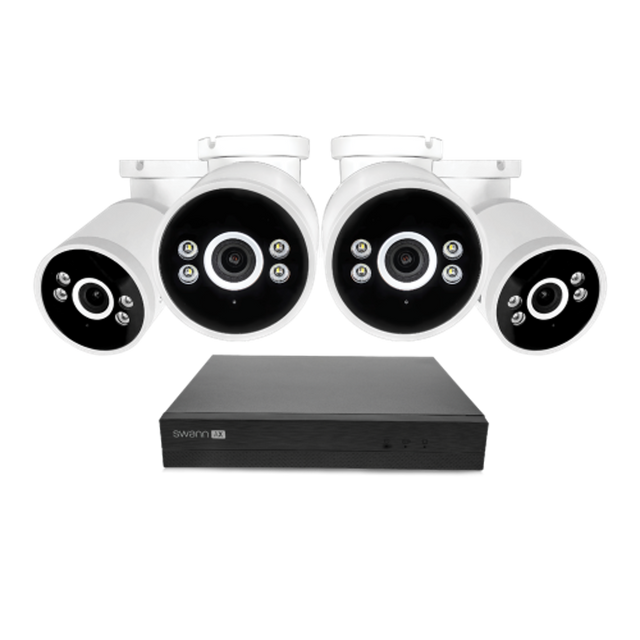 Front. Swann - AdvancedX Series / NVR-8ADVANX / 1TB / 4x NHD-ADVANXB 4K Spotlight Bullet IP Cameras / Power over Ethernet (PoE) - Black.
