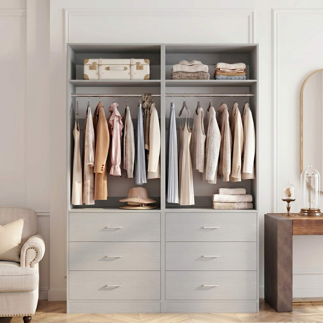 Front. Aheaplus - 48" Set of 2 Closet Systems with 6 Drawers, 2 Hanging Rods & 2 Shelves - Heavy Duty Walk-in Organizer,Ships 2 packages - Gray.