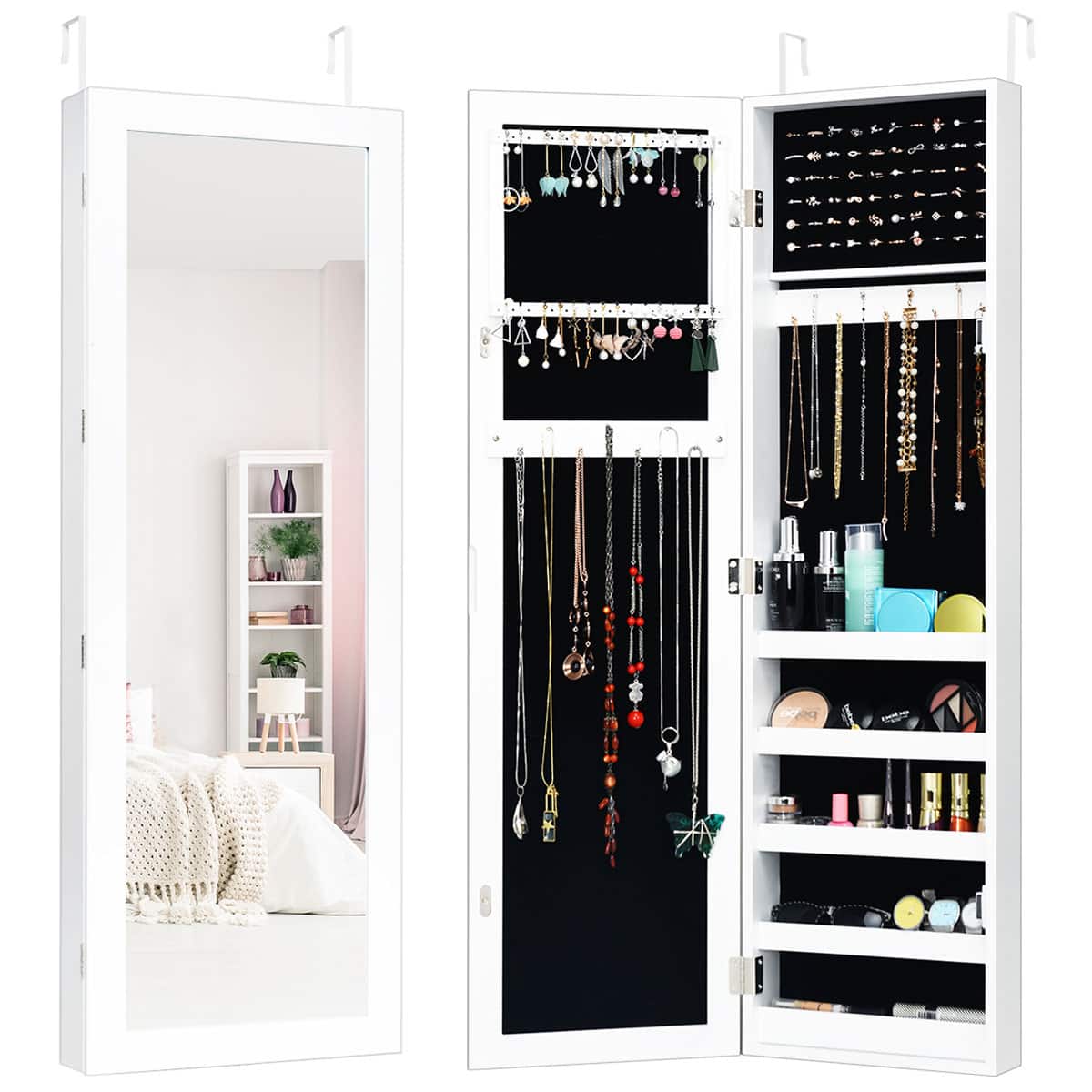 Costway - Door Mounted Mirrored Jewelry Cabinet Storage Organizer - White