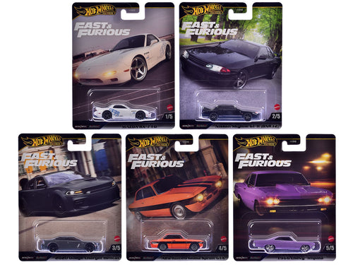 Hot Wheels Premium  
Fast & Furious  
1/5: Mazda RX-7 FD  
2/5: Nissan Skyline GT-R (BNR32)  
3/5: 2020 Dodge Charger Hellcat  
4/5: Alfa Romeo Giulia Sprint GTA  
5/5: 1966 Chevy Impala