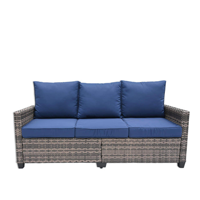 Front. Yardgrace - Yardgrace 3 seat rattan patio couch Waterproof PE Wicker Outdoor Sofa with Thick Cushions mrrihand patio sofa - Blue.