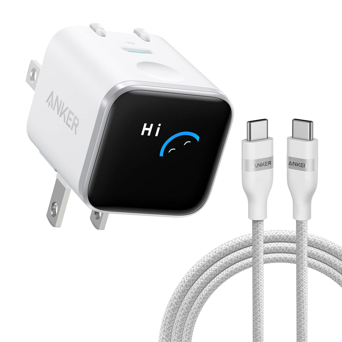 Anker - Nano Charger (45W, Smart Display, 180° Foldable) with USB-C Cable - White