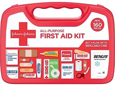 NEW 160 PIECES ALL-PURPOSE FIRST AID KIT  
$27 VALUE WITH REFILLABLE CASE  

NEOSPORIN  
TYLENOL EXTRA STRENGTH  
BENGAY INSTANT COLD PACK  
HAND CLEANSING WIPES  
NEU GAUZE  
BAND-AID  
BAND-AID PAPER TAPE  
BAND-AID FRISE LAYER PAD  
BAND-AID