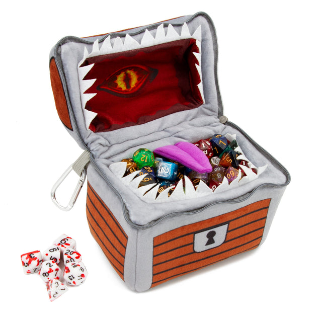 Front. CASEMATIX - Mimic Dice Chest – Plush 6.5" DND Dice Case with Zipper, Carabiner & 7 RPG Dice Set, Holds Up to 150 Dice - Brown.
