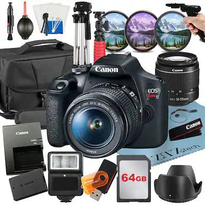 Canon - EOS Rebel T7 DSLR Camera with 18-55mm Lens + 64GB Card + Case + ZeeTech Bundle