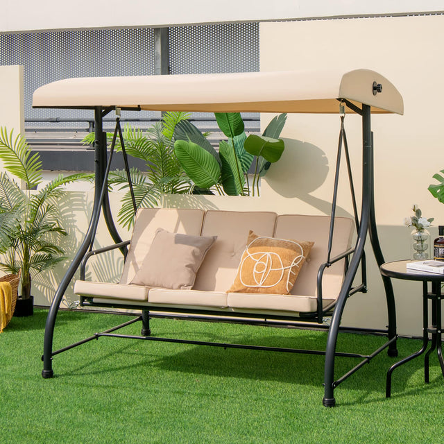Front. Costway - Costway Converting Outdoor Swing Canopy Hammock 3 Seats Patio Deck Furniture - beige.