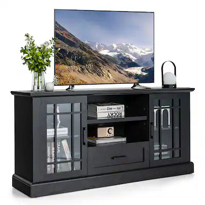 Gymax - Farmhouse TV Stand for TVs up to 70'' Media Center w/ Glass Doors Cubbies & Drawer