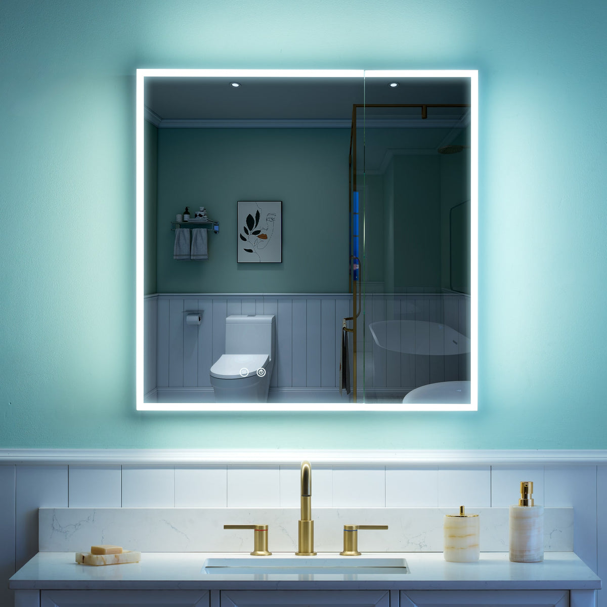 WELLFOR - 30 in. W x 30 in. H Rectangular Aluminum Recessed/Surface Mount Medicine Cabinet with Mirror and Lighted - Silver