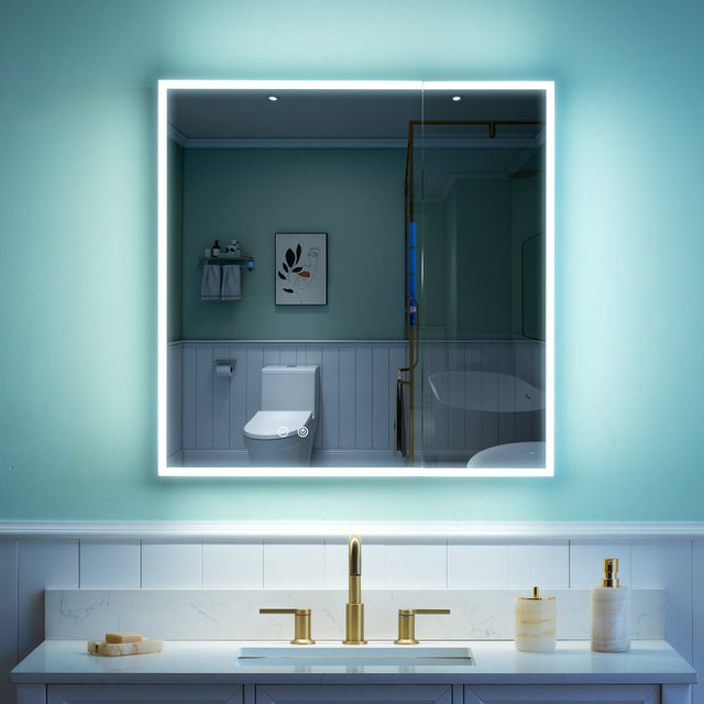Front. WELLFOR - 30 in. W x 30 in. H Rectangular Aluminum Recessed/Surface Mount Medicine Cabinet with Mirror and Lighted - Silver.