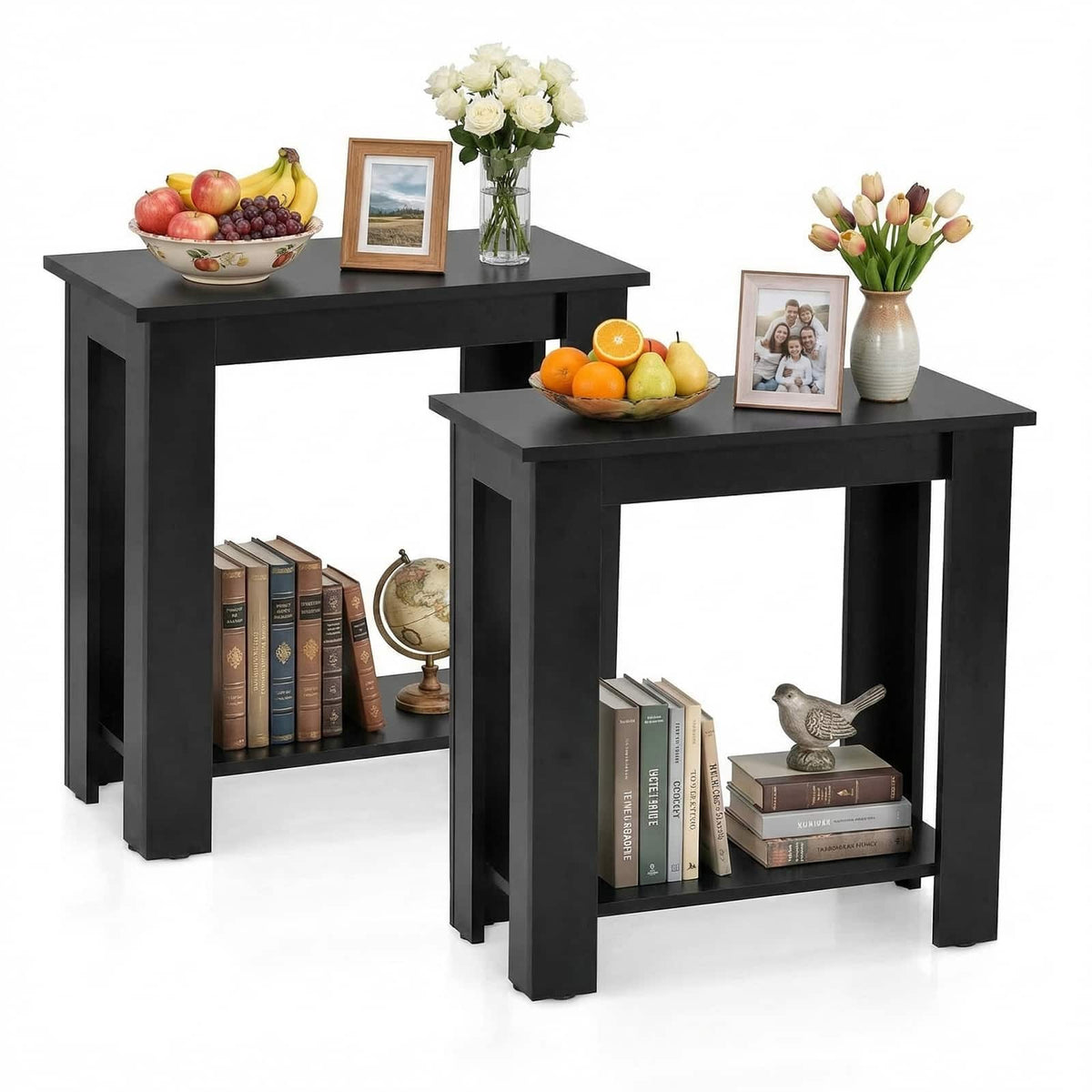 Gymax - 2PCS 2-Tier End Table Modern Sofa Bedside Compact Nightstand w/ Storage Shelf - Black