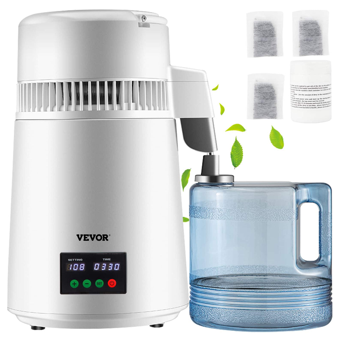 VEVOR - 1.1Gal Water Distiller, 0.3Gal/H, 750W Distilled Water Maker Machine 0-99H Timing Set Temp Display