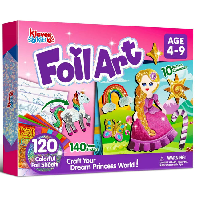 Klever kits 3 AGE 4-9 FOilArt 10 Picture Canvases 120 Colorful Foil Sheets 140 Foam Stickers Craft Your Dream Princess World! WARNING: CHOKING HAZARD Small Parts. Not for children under 3 yrs.