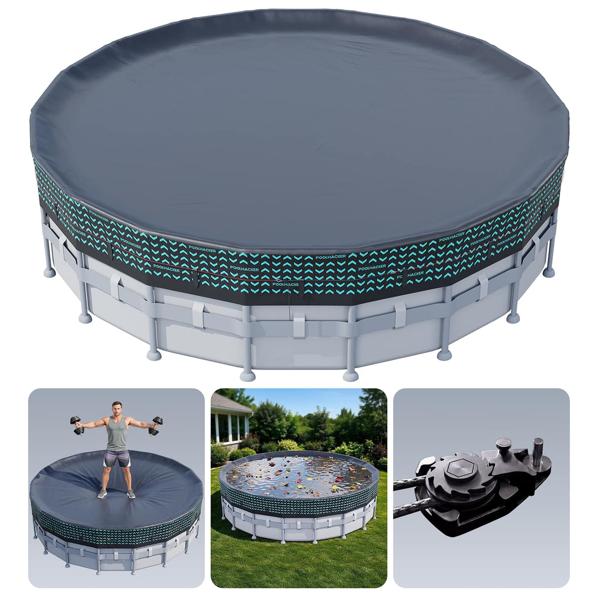POOLHACKER - 24FT Round Pool Cover for Above Ground Pools,Heavy-Duty 550D Oxford Fabric with Steel Cable & Pulley System,UV Resistant - Oxford Black