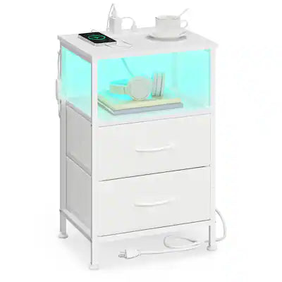 Songmics Home - Nightstand with Charging Station and App-Controlled Adjustable LED Lights, Bed Side Table, 2 Drawers and Open Shelf