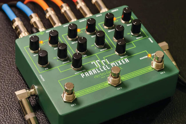 PARALLEL MIXER  
electro-ha  
NEW YORK  

CH1 RETU EQ OUTPUT SEN 180 O SAN PHASE RETUF INPUT PHASE STA EQ DRYVOL VOL DRY MASTER PHASE T Ci MIXER X PARALLEL VOL BYPASS MASTER  

TO ENTER MASTER BYPASS DOUBLE-CLICK ANY FSW  

CH1 CH2 CH3