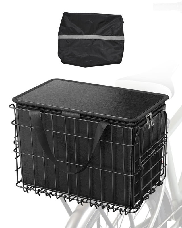 Front. VEVOR - Rear Bike Basket, Folding Wire Bicycle Basket with Cargo Net, Removable Liner Bag & Waterproof Cover - Black.